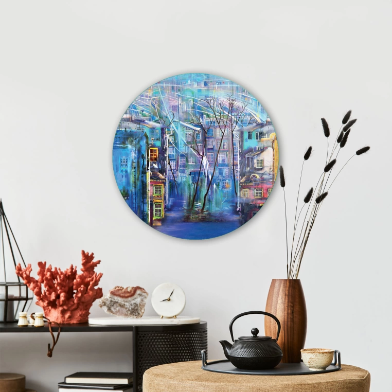 Vivantes Circle Glass Wall Art in 12" Diameter-Mediterranean City In 1900