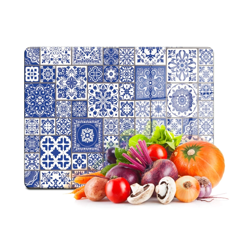 Tempered Glass Cutting Board - Blue Tiles