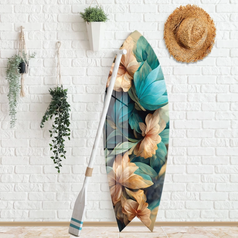 Vivantes Decorative Surfing Board in 4mm Tempered Glass-Petrol Flowers