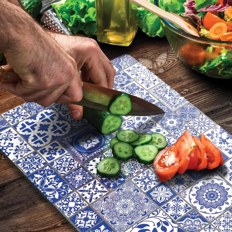 Tempered Glass Cutting Board - Blue Tiles