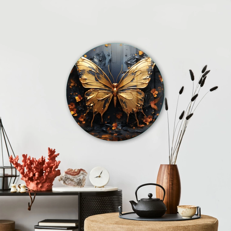 Vivantes Circle Glass Wall Art in 12" Diameter-Golden Butterfly