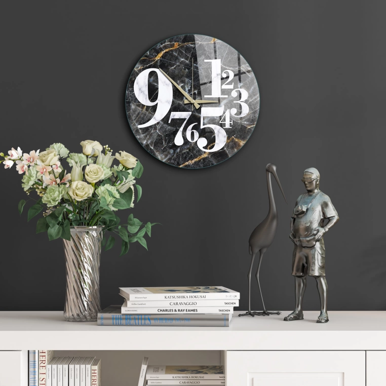 Vivantes Decorative Glass 12 inch Wall Clock Black Marble