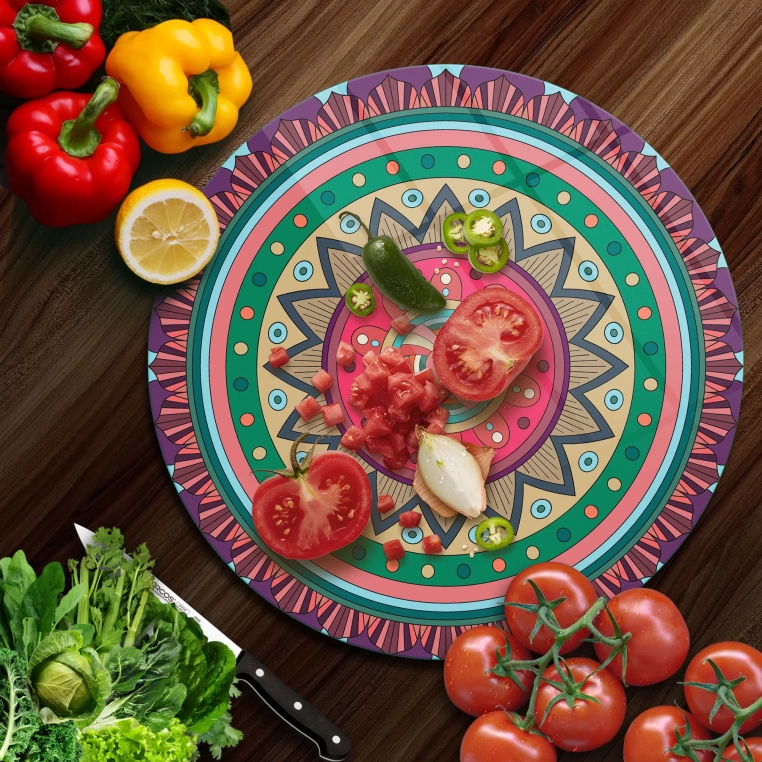 Tempered 12 inch Round Glass Cutting Board - Mandala