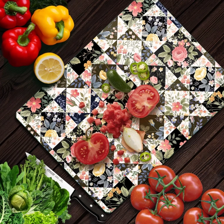 Tempered Glass Cutting Board - Pink Flowers Retro