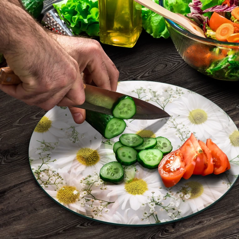 Tempered 12 inch Round Glass Cutting Board - Daisies