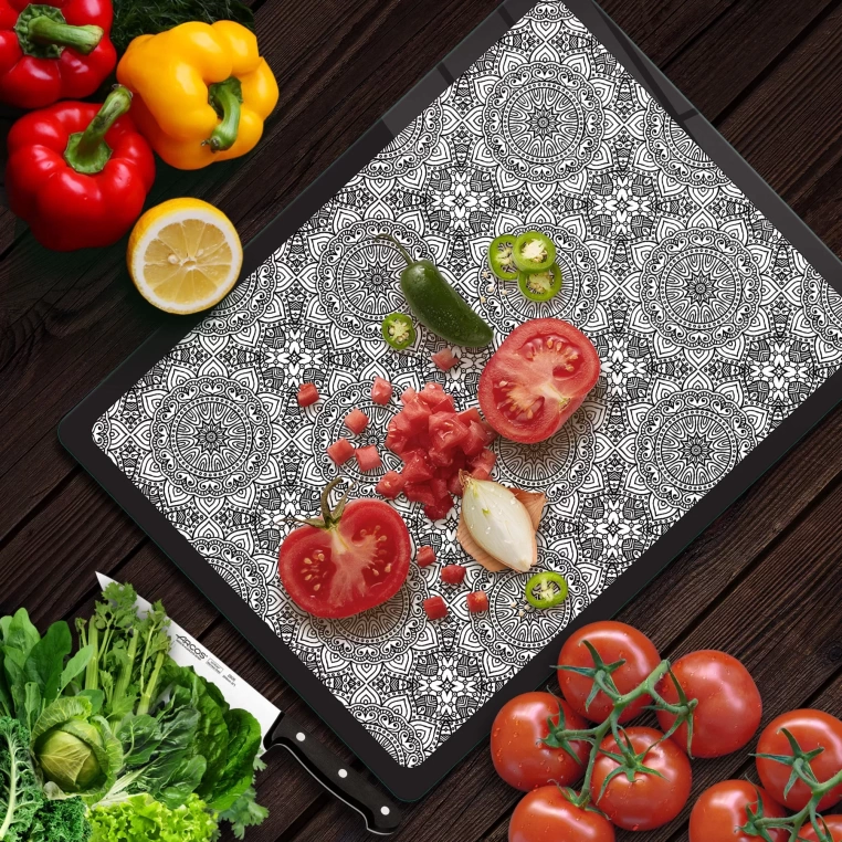 Tempered Glass Cutting Board - Retro Black and White Motif