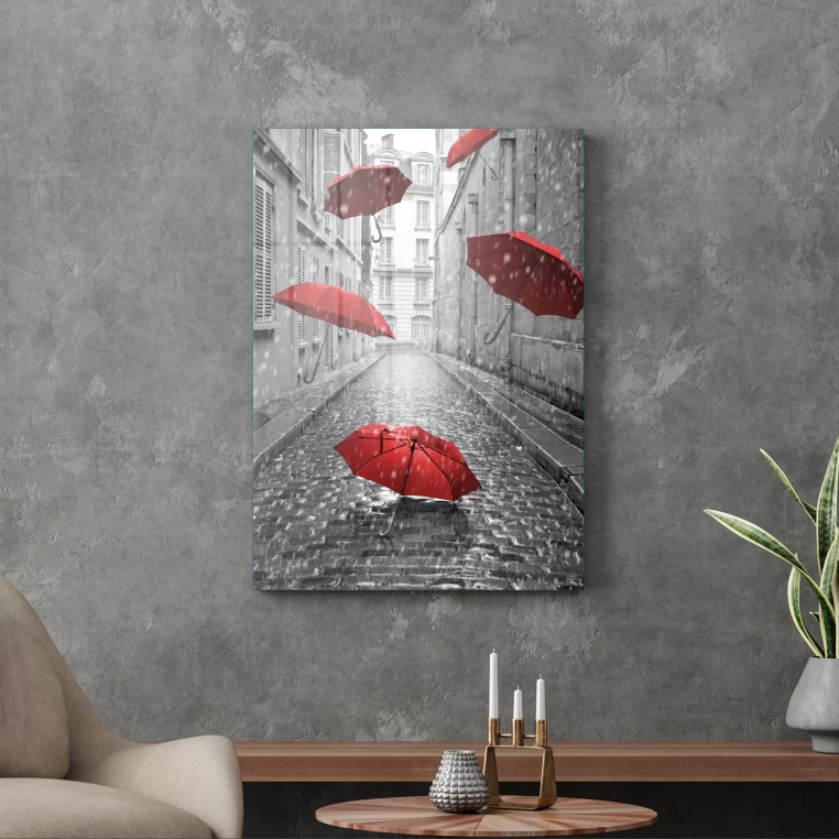 Vivantes Tempered Glass Wall Art - Flying Red Umbrellas