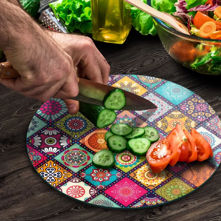 Tempered 12 inch Round Glass Cutting Board - Small Mandalas