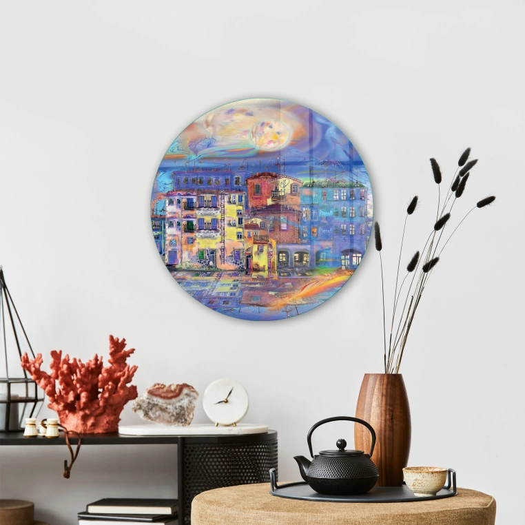 Vivantes Circle Glass Wall Art in 12" Diameter-Village in Greece