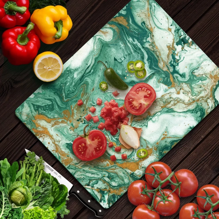 Tempered Glass Cutting Board - Green Gold Granite