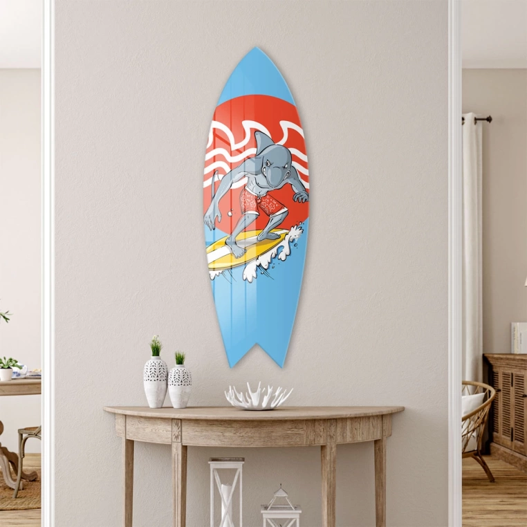 Vivantes Decorative Surfing Board in 4mm Tempered Glass-Surfing Shark