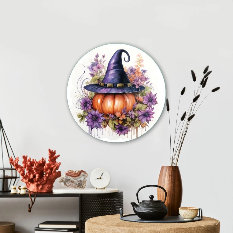 Vivantes Circle Glass Wall Art in 12" Diameter-Witch Pumpkin