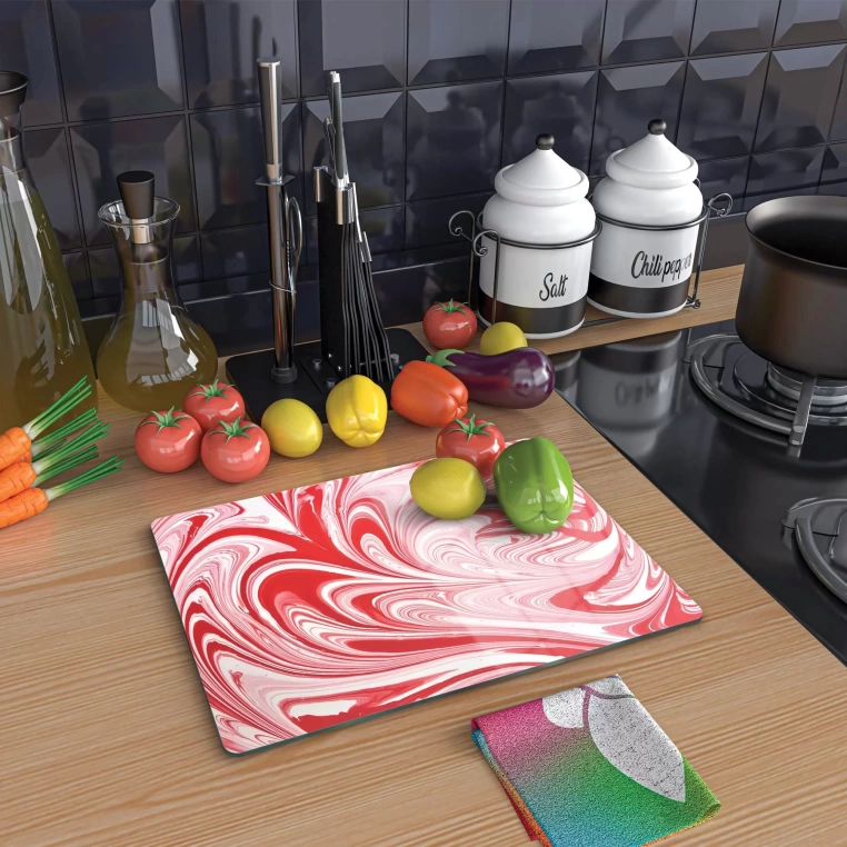 Tempered Glass Cutting Board - Red Turkish Ebru Work