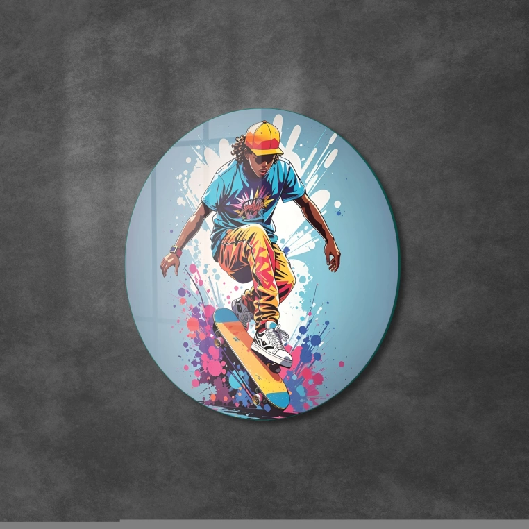 Vivantes Circle Glass Wall Art in 12" Diameter- Street Skateboard