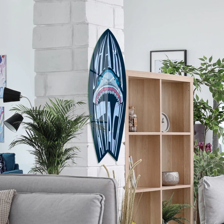 Vivantes Decorative Surfing Board in 4mm Tempered Glass-Shark Attack