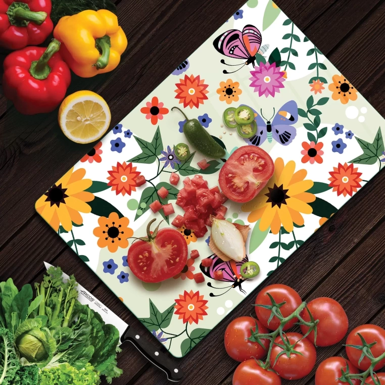 Tempered Glass Cutting Board - Summer and Butterflies