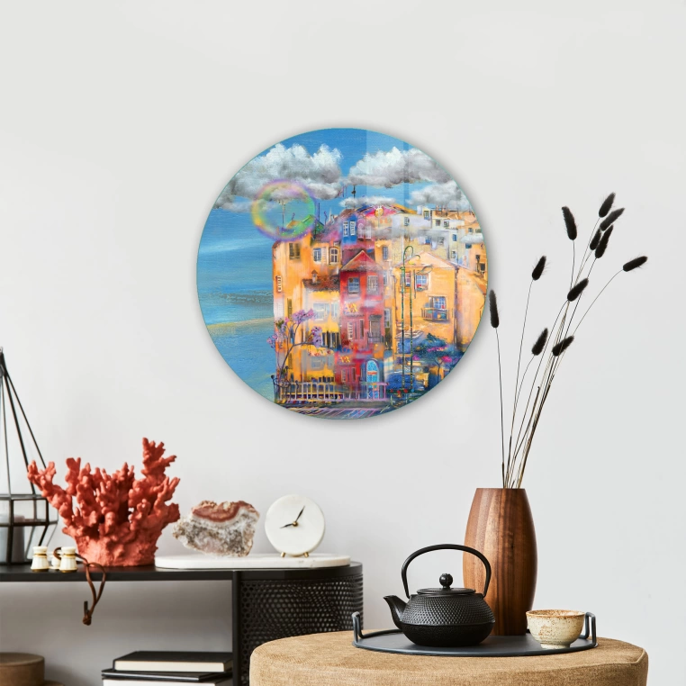 Vivantes Circle Glass Wall Art in 12" Diameter-Village in Italy