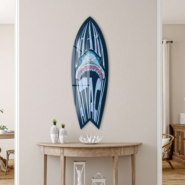 Vivantes Decorative Surfing Board in 4mm Tempered Glass-Shark Attack