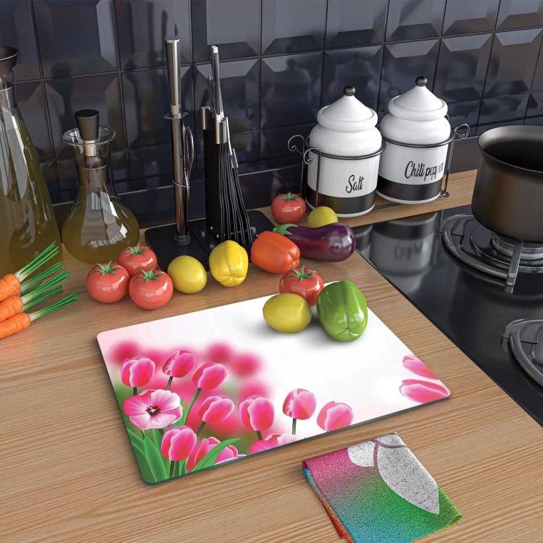 Tempered Glass Cutting Board - Pink Tulips