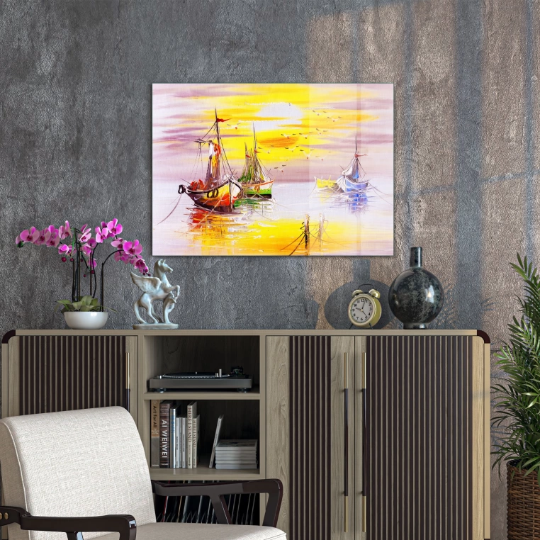 Vivantes Tempered Glass Wall Art - Ships in sunset