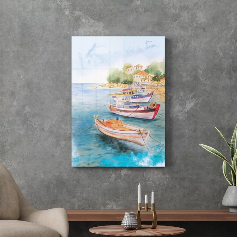 Vivantes Tempered Glass Wall Art - Fishing Village in Aegean