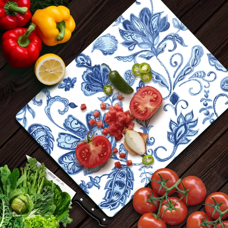 Tempered Glass Cutting Board - Blue Flowers Tile