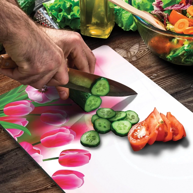 Tempered Glass Cutting Board - Pink Tulips