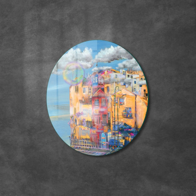 Vivantes Circle Glass Wall Art in 12" Diameter-Village in Italy