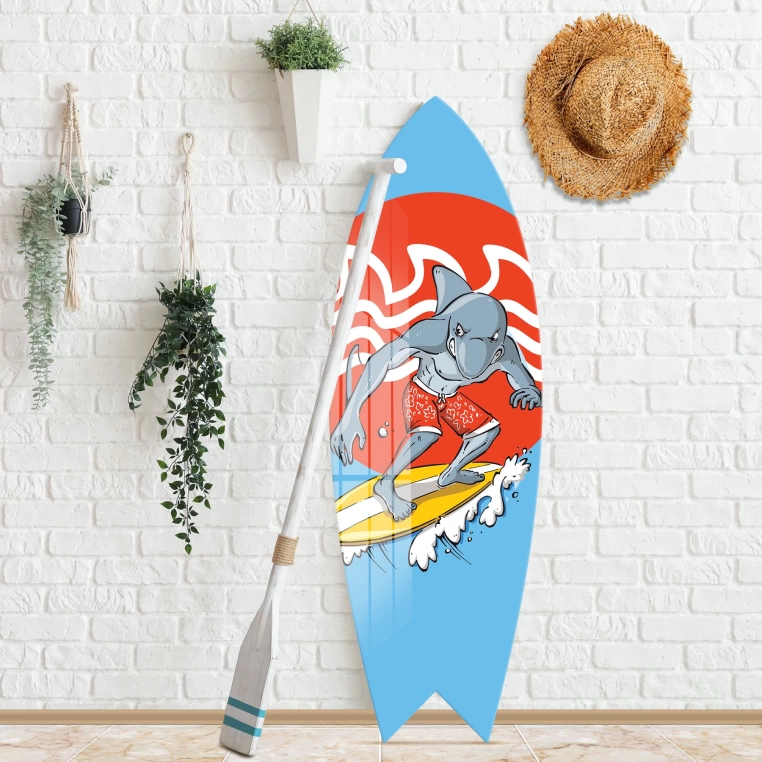 Vivantes Decorative Surfing Board in 4mm Tempered Glass-Surfing Shark