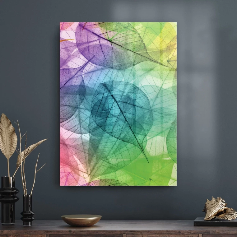 Vivantes Tempered Glass Wall Art - Modern Rainbow Leaves