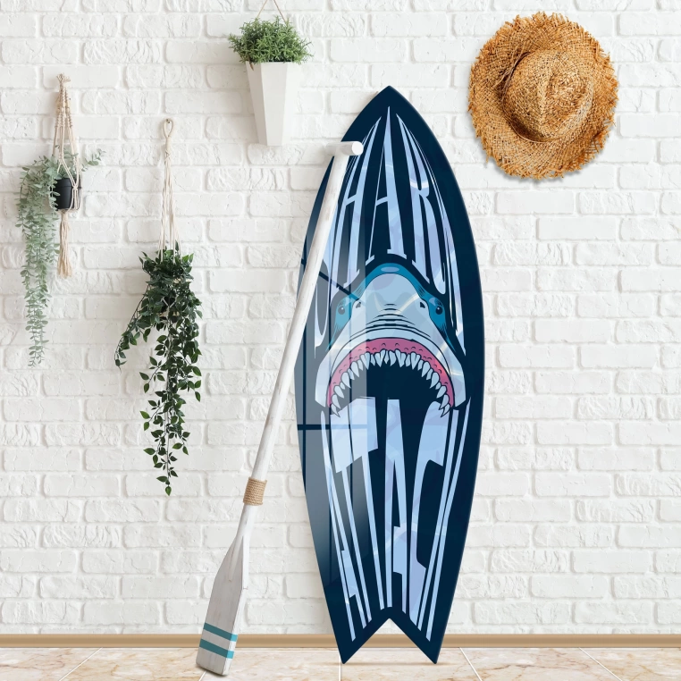 Vivantes Decorative Surfing Board in 4mm Tempered Glass-Shark Attack