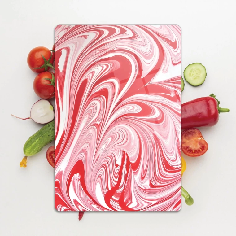 Tempered Glass Cutting Board - Red Turkish Ebru Work