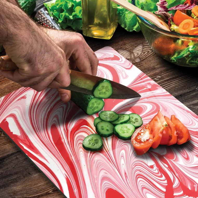 Tempered Glass Cutting Board - Red Turkish Ebru Work