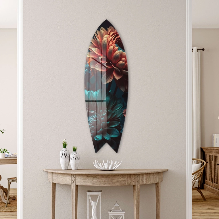 Vivantes Decorative Surfing Board in 4mm Tempered Glass-Flowers at Night