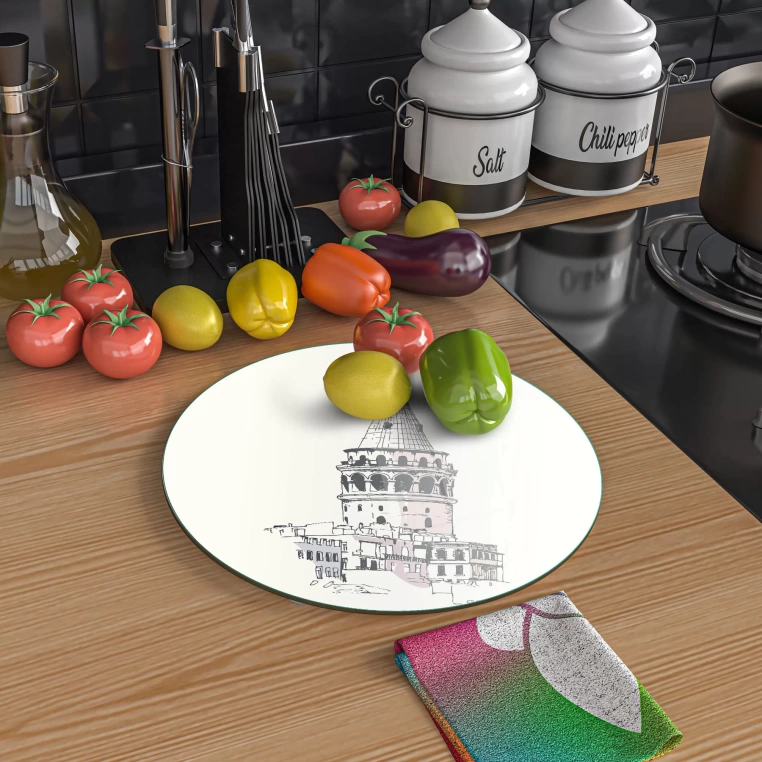 Tempered 12 inch Round Glass Cutting Board - Galata Tower