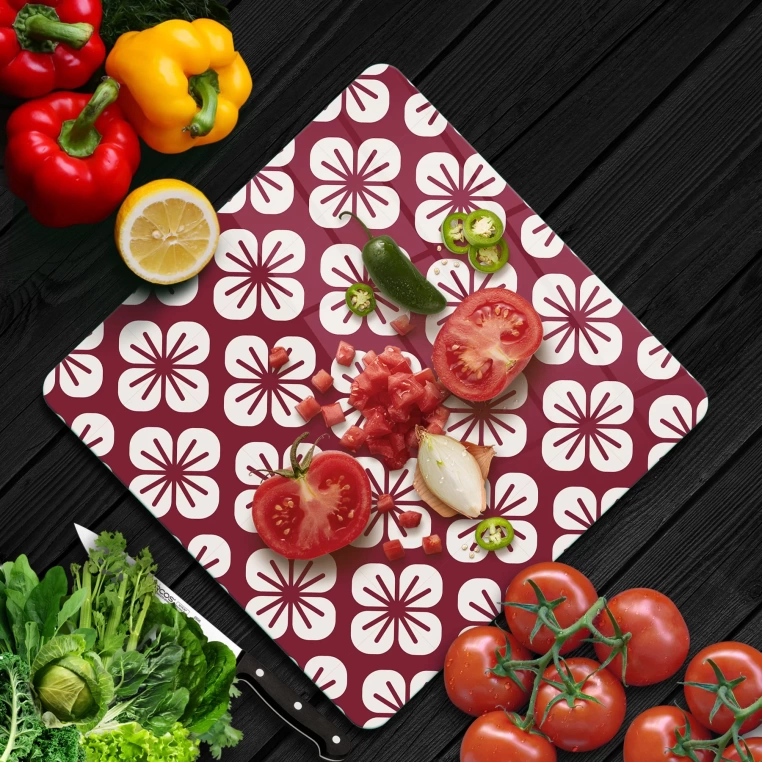 Tempered Glass Square Cutting Board - White Flowers