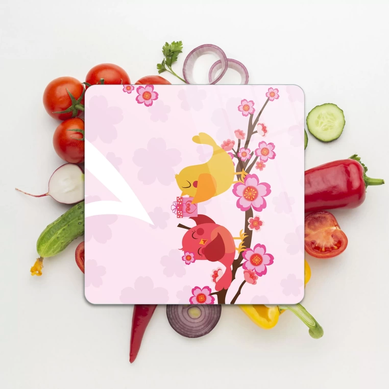 Tempered Glass Square Cutting Board - Kissing Birds