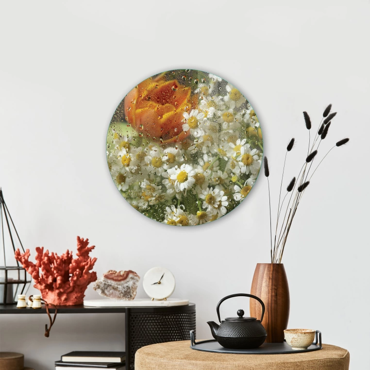 Vivantes Circle Glass Wall Art in 12" Diameter-Daisies