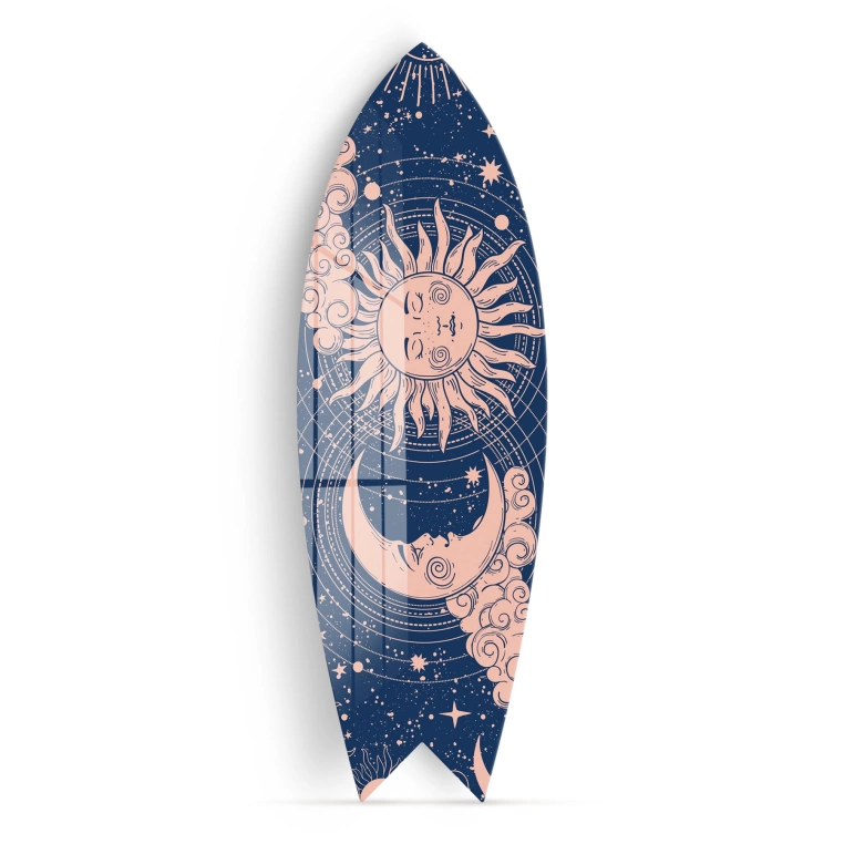 Vivantes Decorative Surfing Board in 4mm Tempered Glass-Crescent Sun