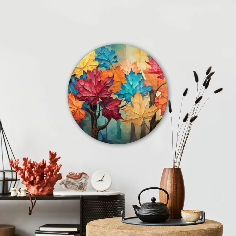 Vivantes Circle Glass Wall Art in 12" Diameter-Colored Fall Leaves