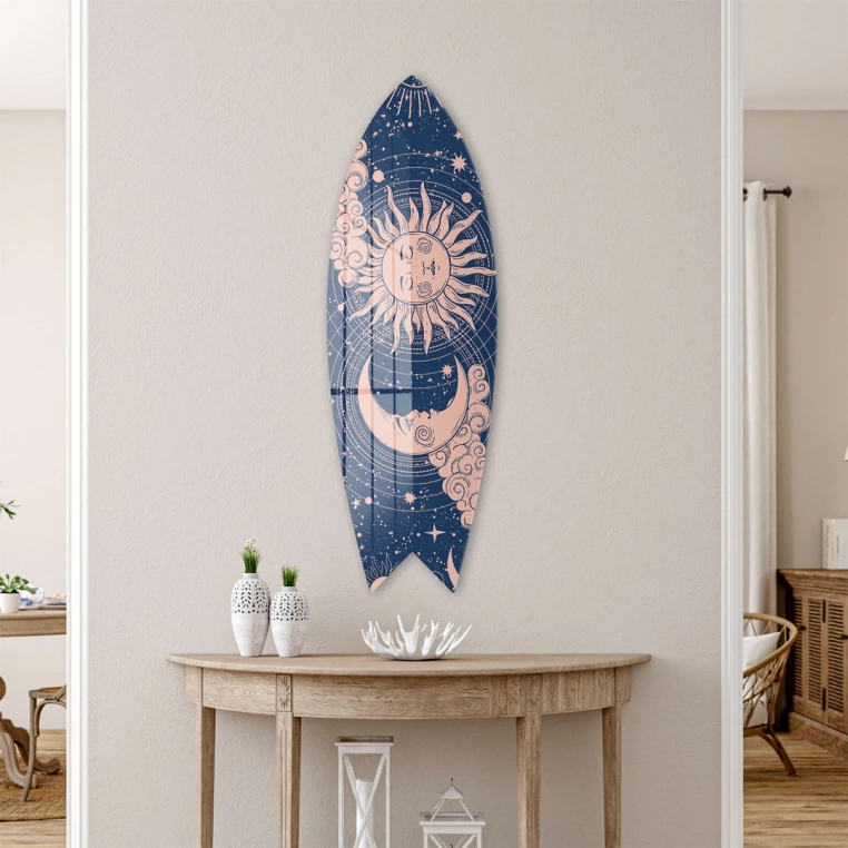 Vivantes Decorative Surfing Board in 4mm Tempered Glass-Crescent Sun