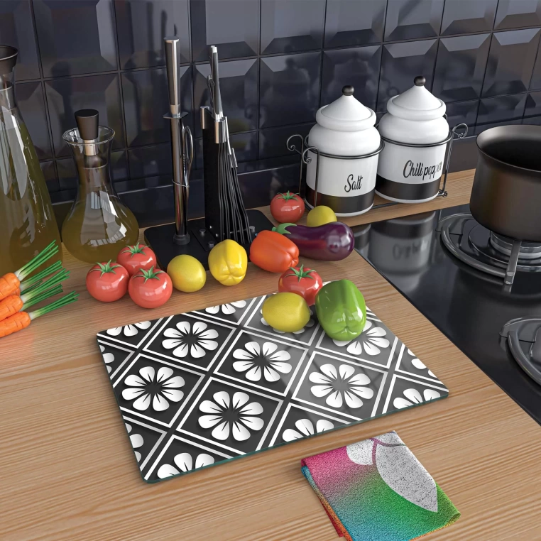 Tempered Glass Cutting Board - Retro Flowered Tiles