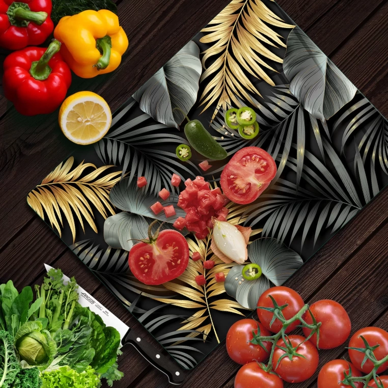 Tempered Glass Cutting Board - Dark and Golden Leaves