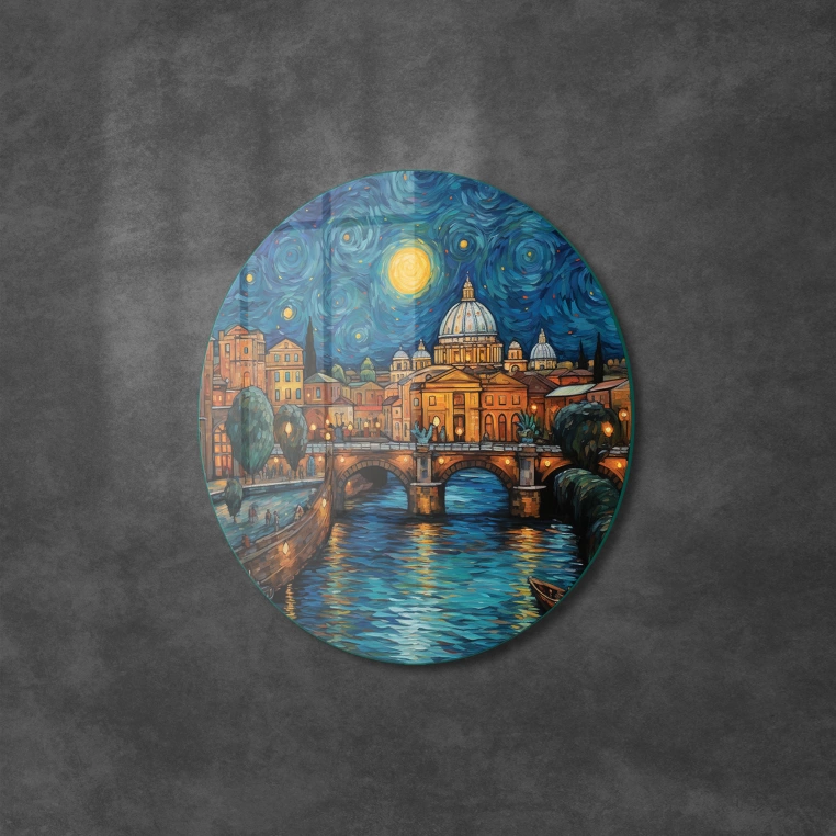 Vivantes Circle Glass Wall Art in 12" Diameter-Night in Rome