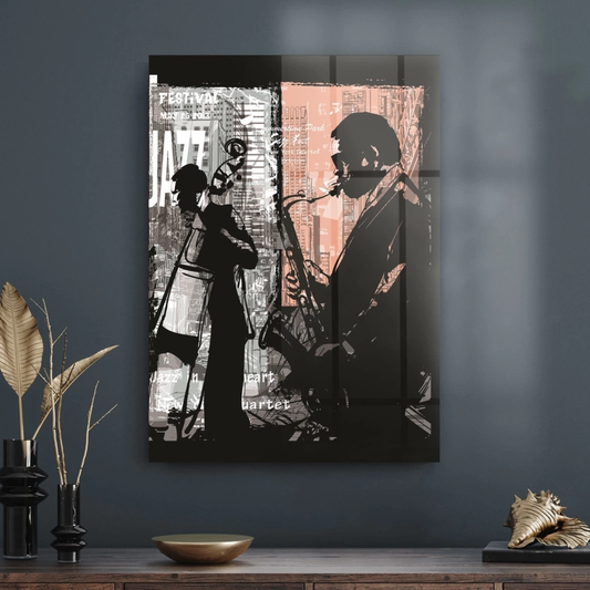 Vivantes Tempered Glass Wall Art - Blue Jazz Musician