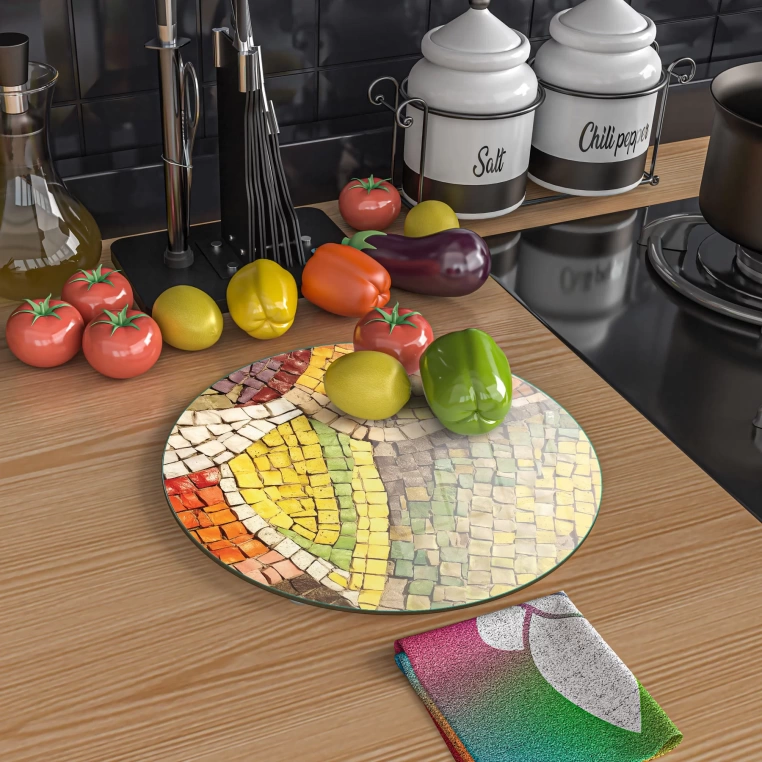 Tempered 12 inch Round Glass Cutting Board - Colored Mosaics