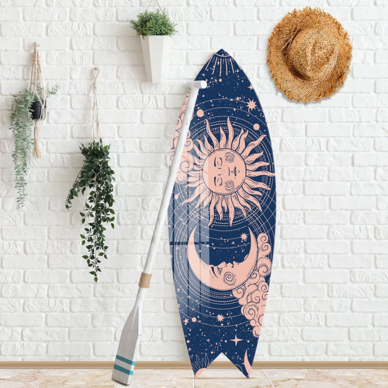 Vivantes Decorative Surfing Board in 4mm Tempered Glass-Crescent Sun