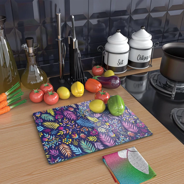 Tempered Glass Cutting Board - Rainbow Leaves