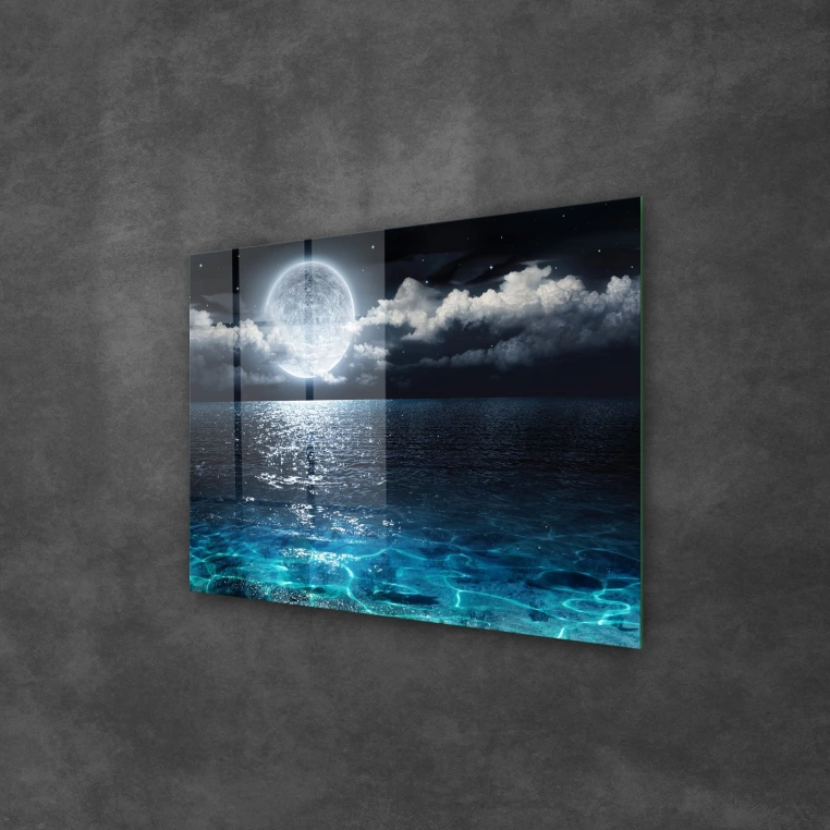 Vivantes Tempered Glass Wall Art - Midnight Moon at The Beach