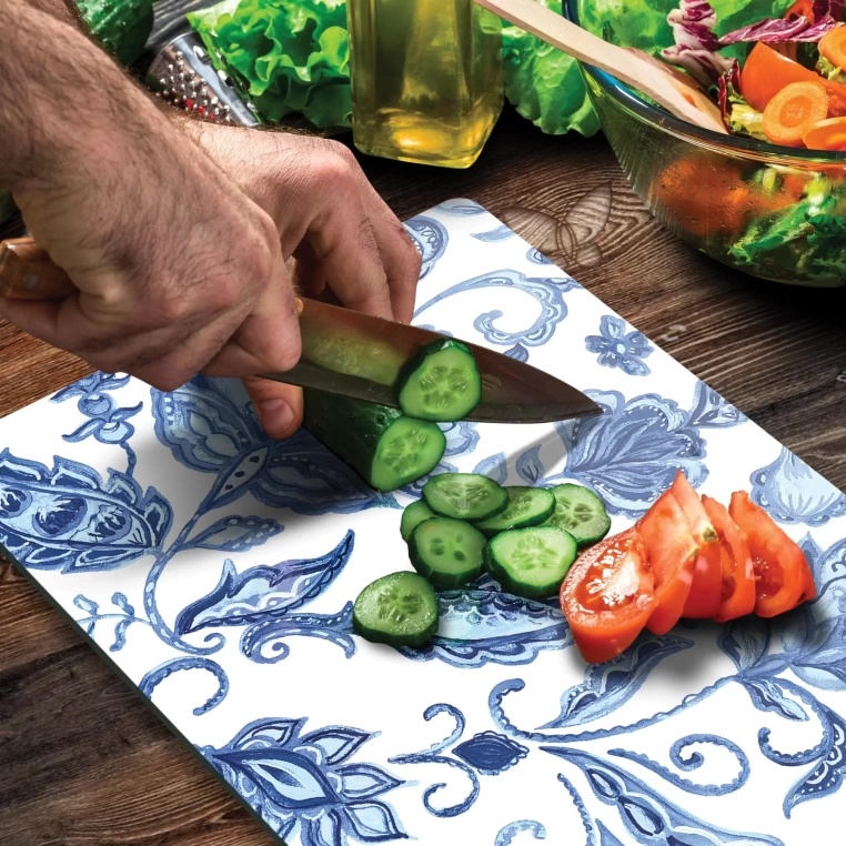 Tempered Glass Cutting Board - Blue Flowers Tile